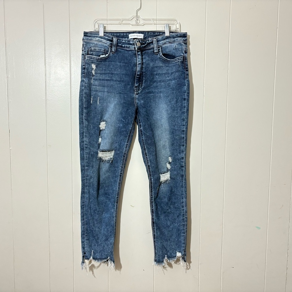 Flying Monkey Y3524 Skinny Jeans Women’s 32 Distressed Frayed Hem Mid Wash Denim